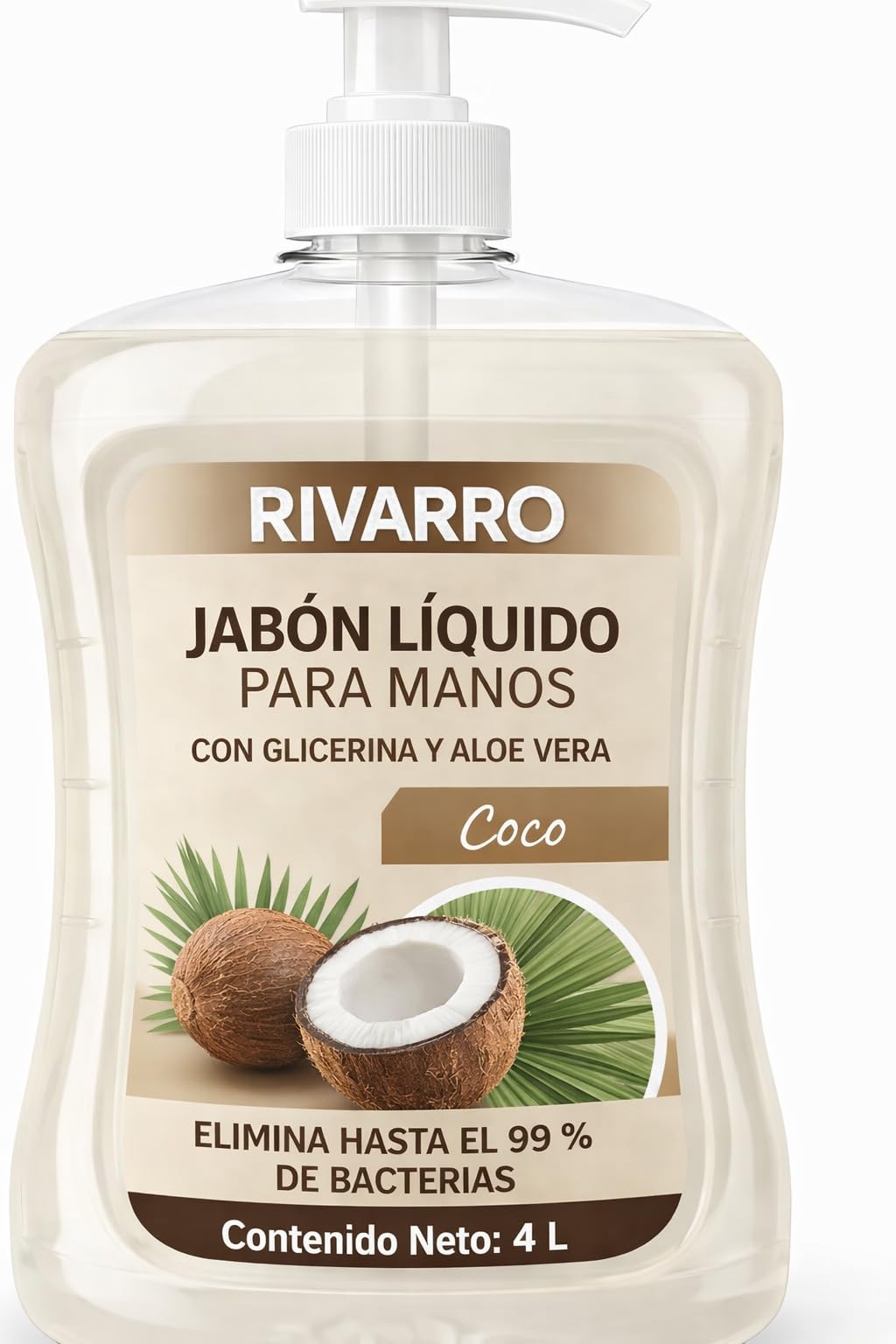 RIVARRO | Jabón Líquido Para Manos con Glicerina y Aloe Vera, Aroma, 4 Litros, Fórmula Suave y Efectiva, Elimina 99% de Bacterias, Para Cocina, Oficina y Baño (Coco)