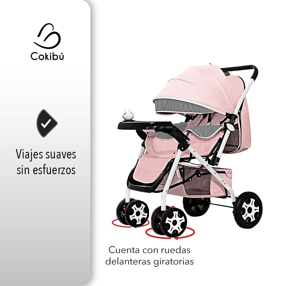 Carriola De Bebé Plegable Rosa Canasta De Almacenamiento Mango Reversible Respaldo ajustable Arnes De Seguridad De 5 Puntos Bandeja De Comida Y Musica Marca Cokibu