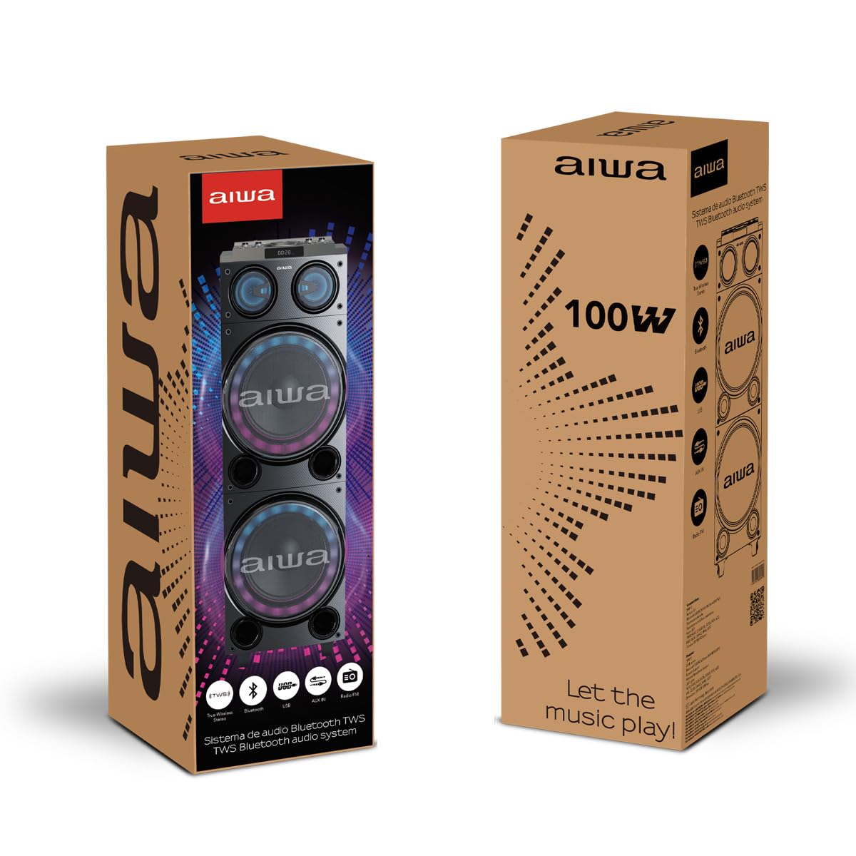 Sistema de Audio Bluetooth Aiwa AWPOC14 Negro con 100W RMS, Doble Bocina de 10 Pulgadas y Luces LED Integradas