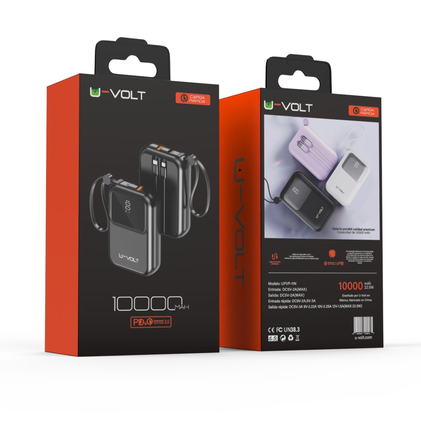 CELULARTE Power Bank U-Volt 10,000 mAh con Cables Integrados, Carga Rápida 22.5W, Batería Portátil con Pantalla Digital para iPhone, Samsung, Xiaomi, iPad y Más (Negro)