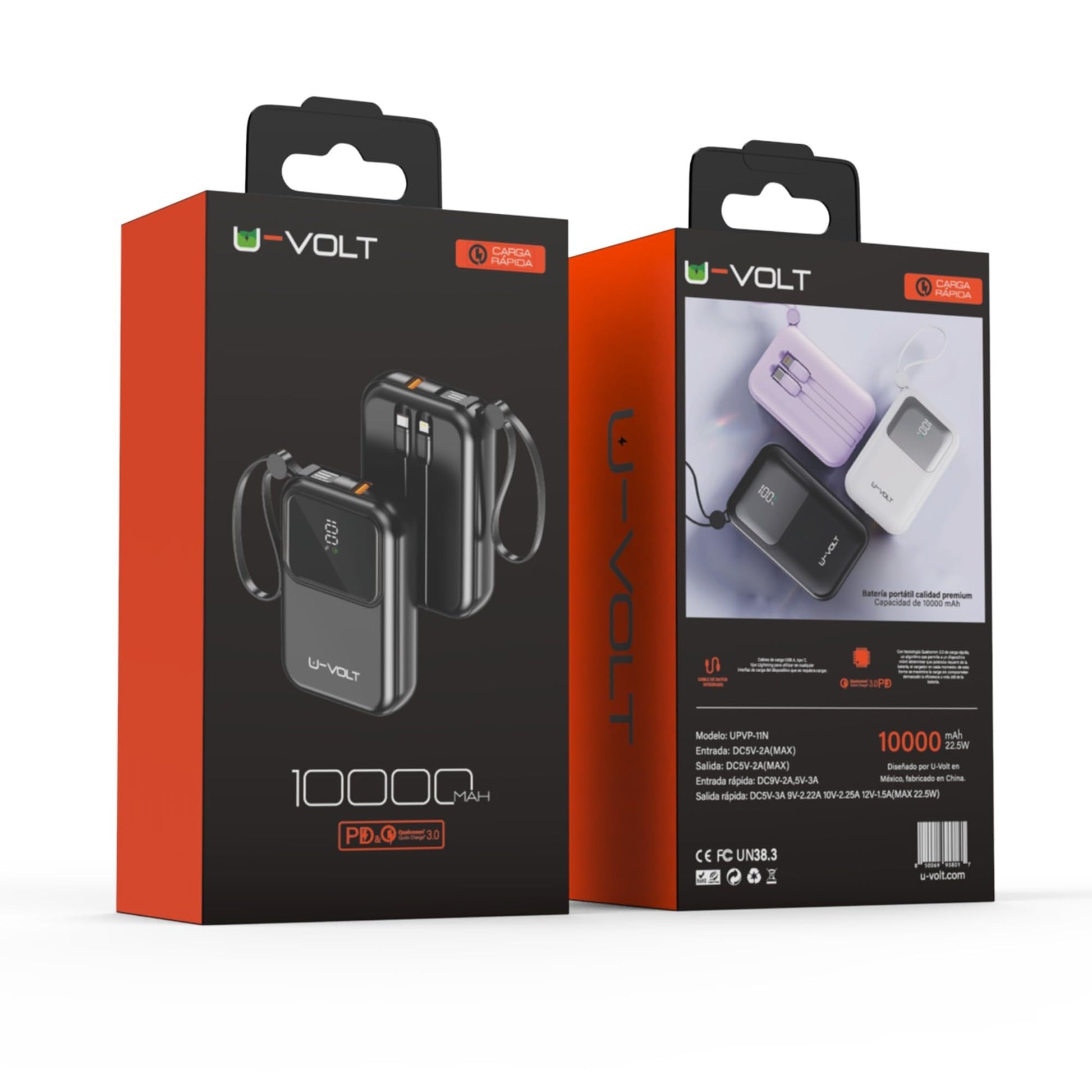 CELULARTE Power Bank U-Volt 10,000 mAh con Cables Integrados, Carga Rápida 22.5W, Batería Portátil con Pantalla Digital para iPhone, Samsung, Xiaomi, iPad y Más (Negro)