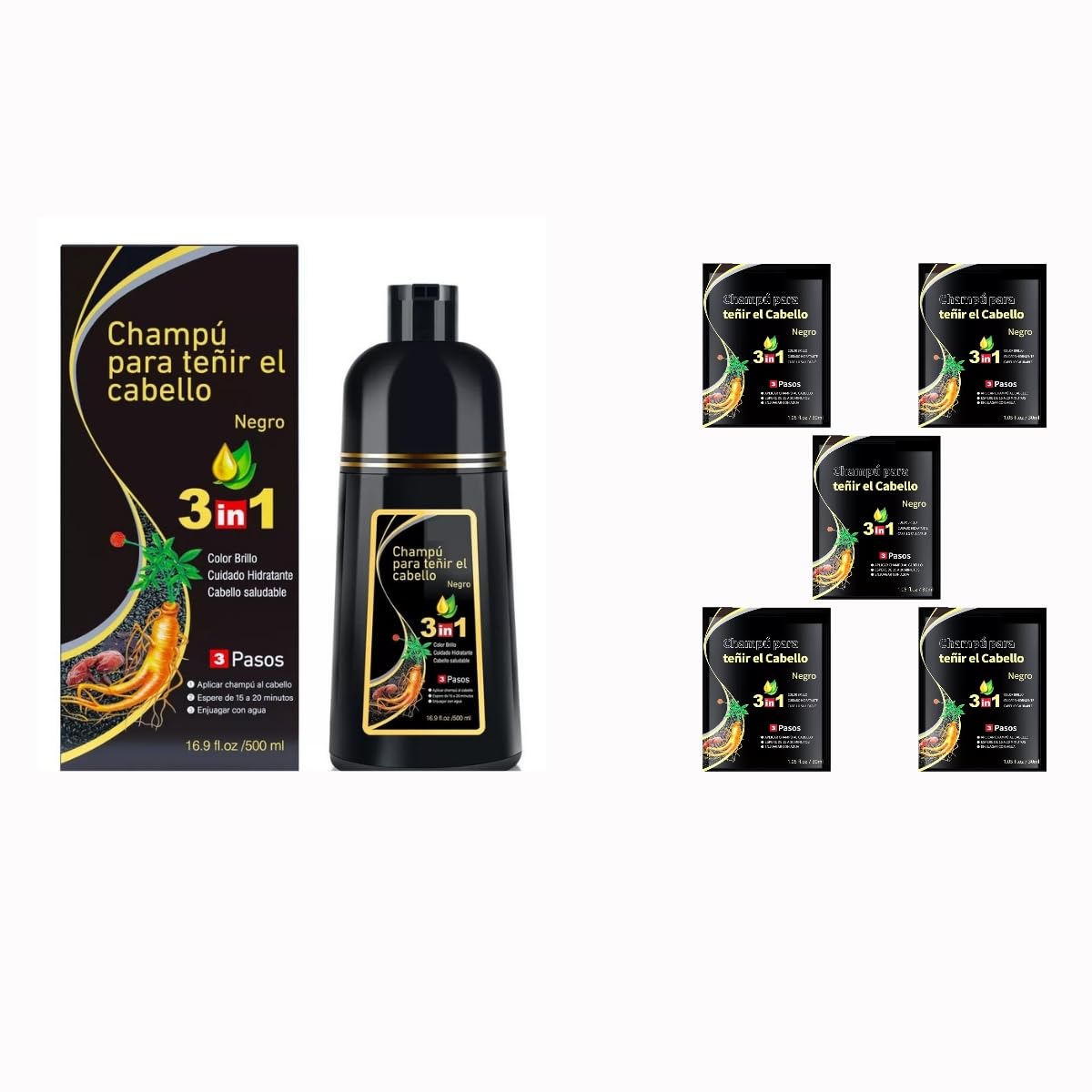 Negro- Shampoo Tinte Instantaneo Para Cabello Cubre Canas Natural Jengibre 500Ml Más 5 Sobres 30Ml C/U (150G) - Champú Instant Hair Color Para Teñir El Cabello 3 En 1 Coloración Con Hierbas Unisex (650Ml)