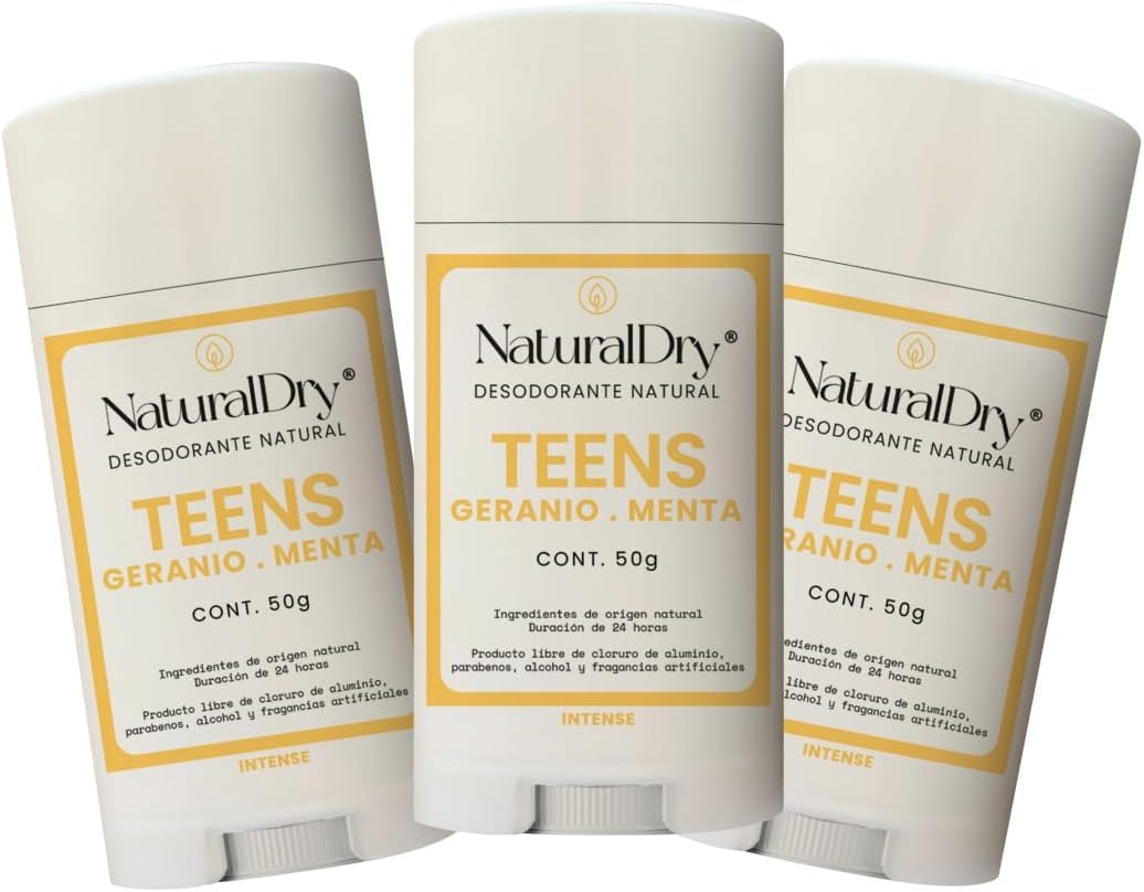 NaturalDry - Desodorante Corporal Teen Intense - Sin aluminio - Sin Parabenos - Elimina malos olores - Aroma a Geranio - en barra (3 Unidades)