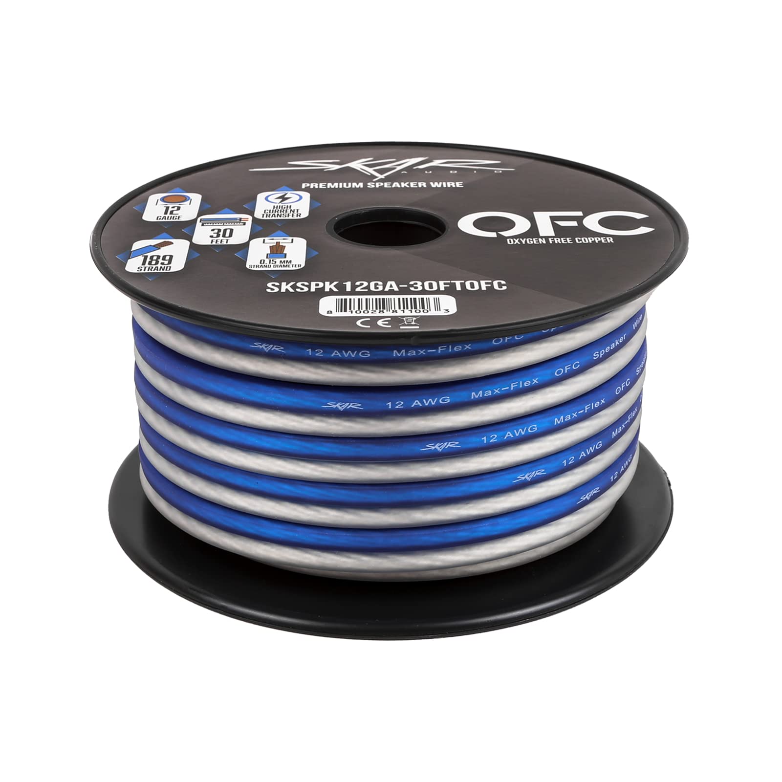 Skar Audio - Cable de altavoz de audio de cobre de calibre 12 (AWG) Elite sin oxígeno, 30 pies (azul/blanco)
