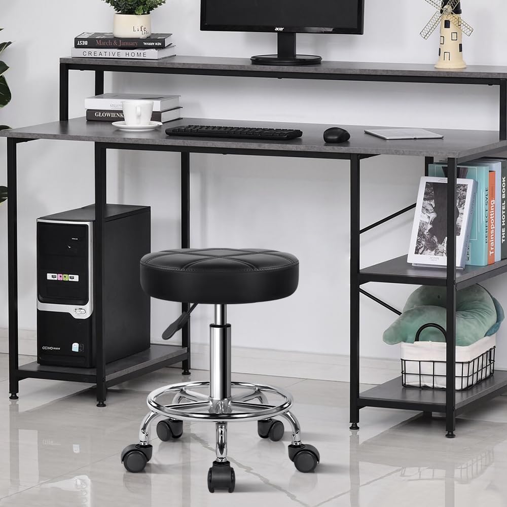 KKTONER Sillas giratorias de Piel sintética con Ruedas Taburetes giratorios Redondos de Altura Ajustable con reposapiés para SPA Masaje Tatuaje Salón Pequeño Negro