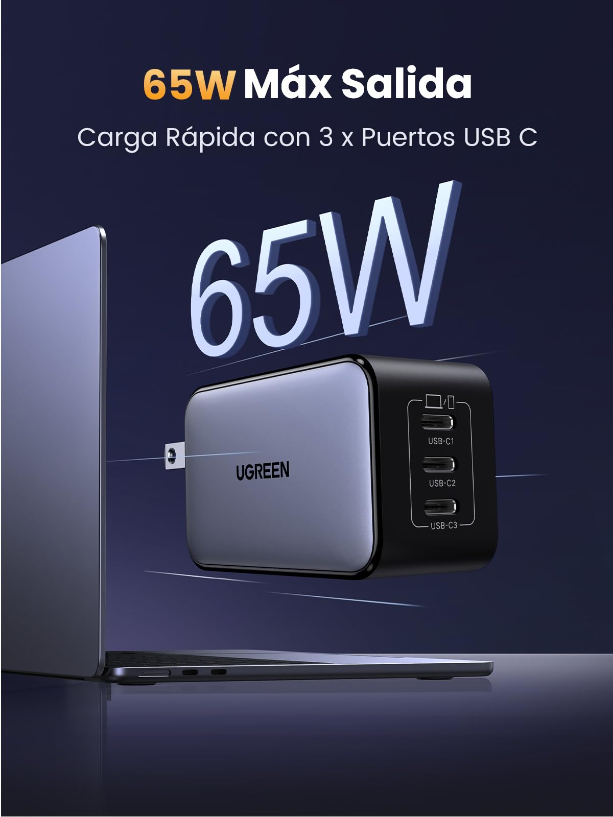 Cargador USB C 65W UGREEN Blanco Nexode GAN con 3 Puertos Compatible con iPhone Galaxy MacBook iPad Pixel Steam Deck