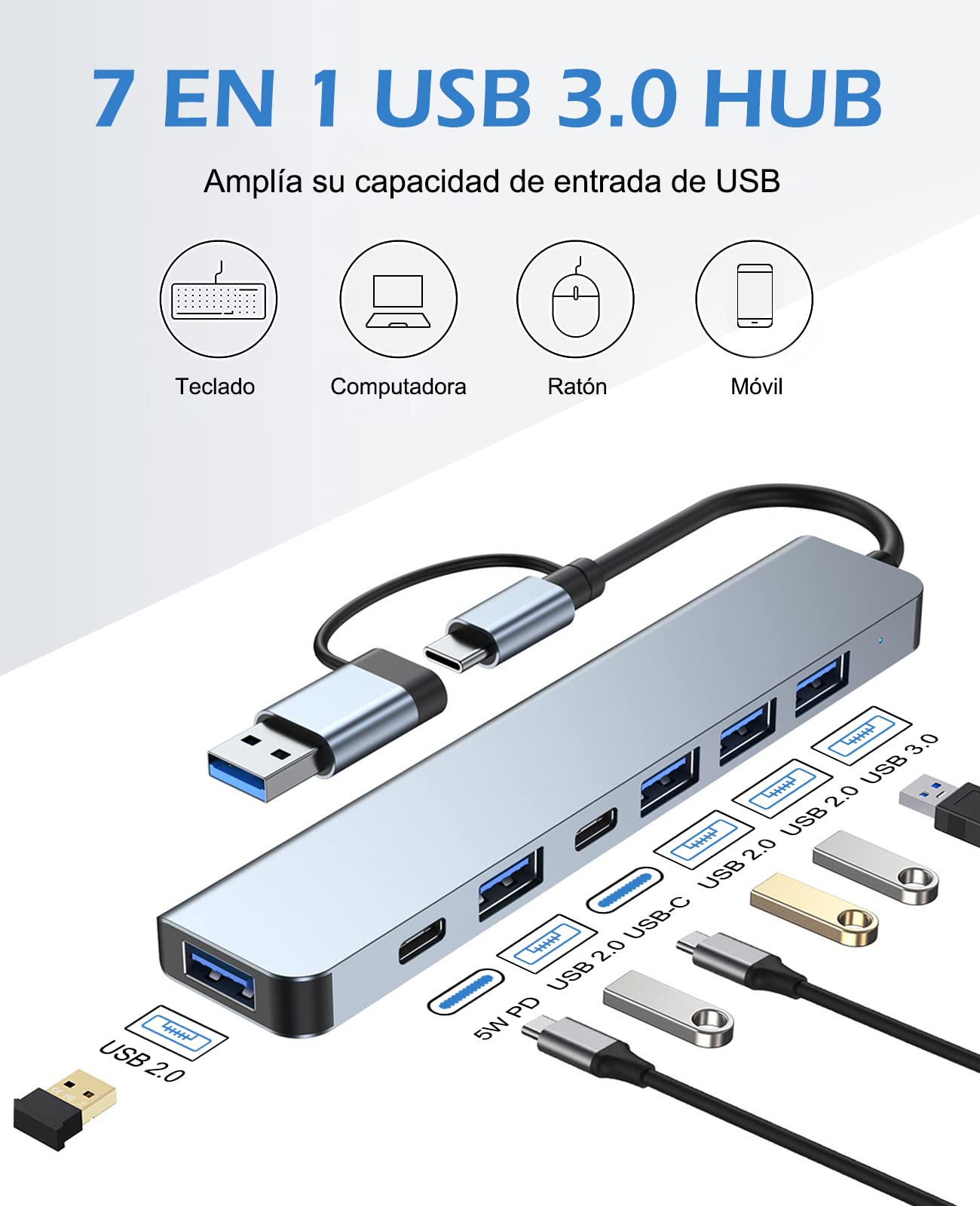 Lostrain Hub USB C 3.0, 7 en 2 Adaptador multipuerto Tipo C Hub con USB 3.0 Portátil Concentrador Hub USB C para MacBook Air/Pro iPad Chromebook Lenovo Huawei Surface