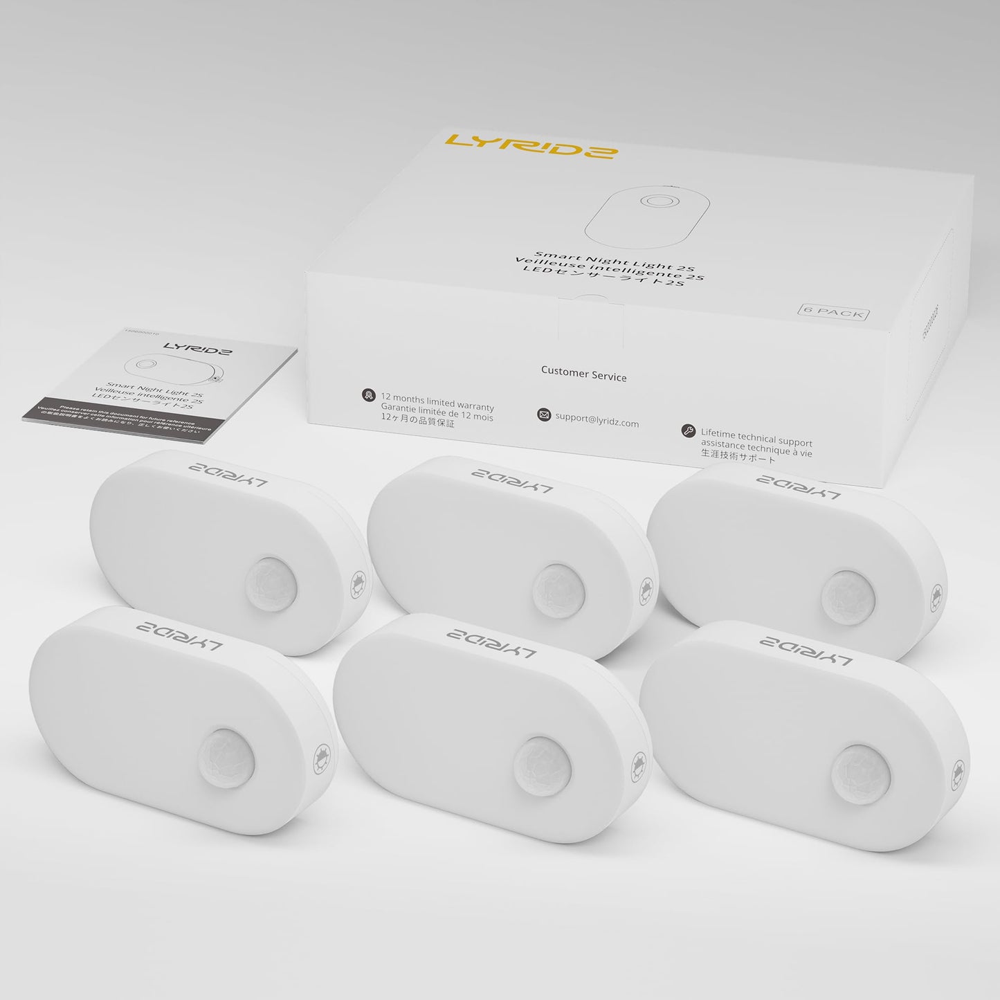 LYRIDZ - Luz nocturna con sensor de movimiento, luz nocturna inteligente de 1 a 120 lm, luz blanca cálida LED con brillo ajustable continuo para dormitorio, cocina, escaleras, pasillo, paquete de 6