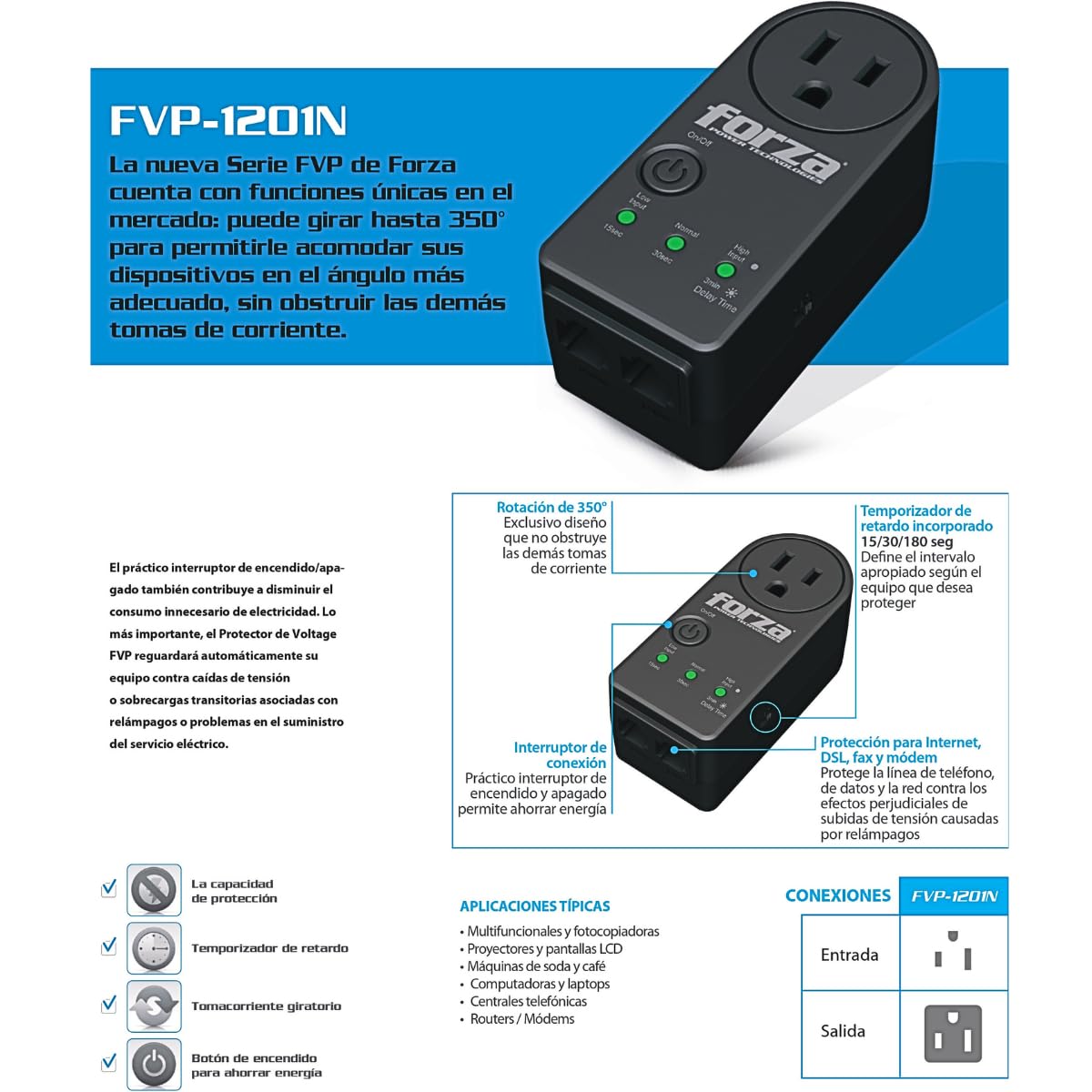 Protector de Voltaje Forza 350° RJ45 120V