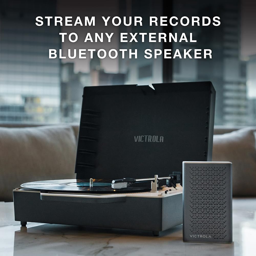 Tocadiscos Portátil Victrola Gris con Bluetooth y Radiador de Graves Integrado