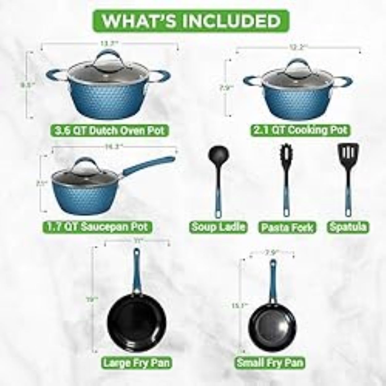 nutrichef Nonstick Cookware Excilon, Home Kitchen Ware Pots Pan Set with Saucepan, Frying Pans, Cooking Pots, Lids, Utensil PTFE/PFOA/PFOS Free, 11 Pcs, Azul Royal