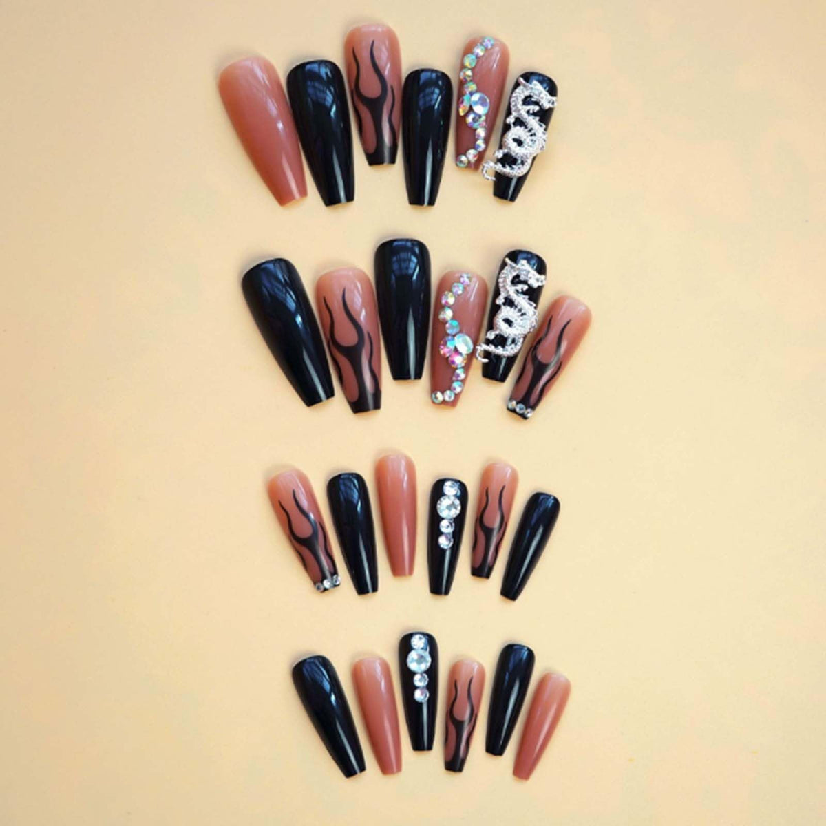 Gifiky Diseño de Gema de Cristal, Uñas Postizas, Ataúd Largo, Prensa En Uñas, Puntas de Uñas de Dragón, Acrílico, Cubierta Completa, Uñas Postizas, Llama Negra, para Mujeres y Niñas, 24 Piezas
