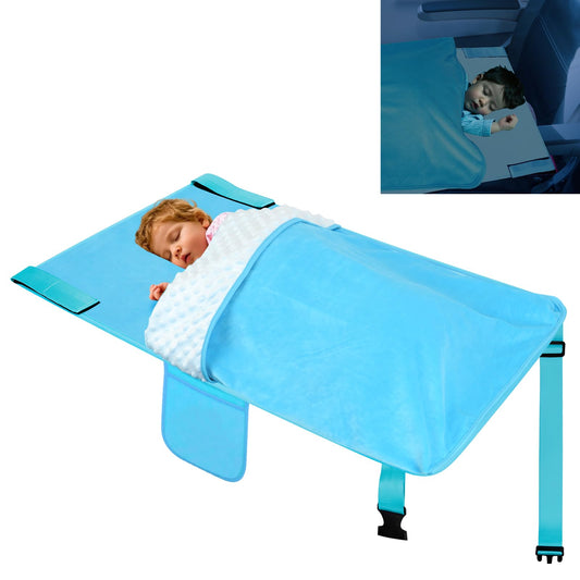 Untree - Cama de avión para niños pequeños con manta, extensor de asiento de avión para niños, artículos esenciales de viaje, color azul