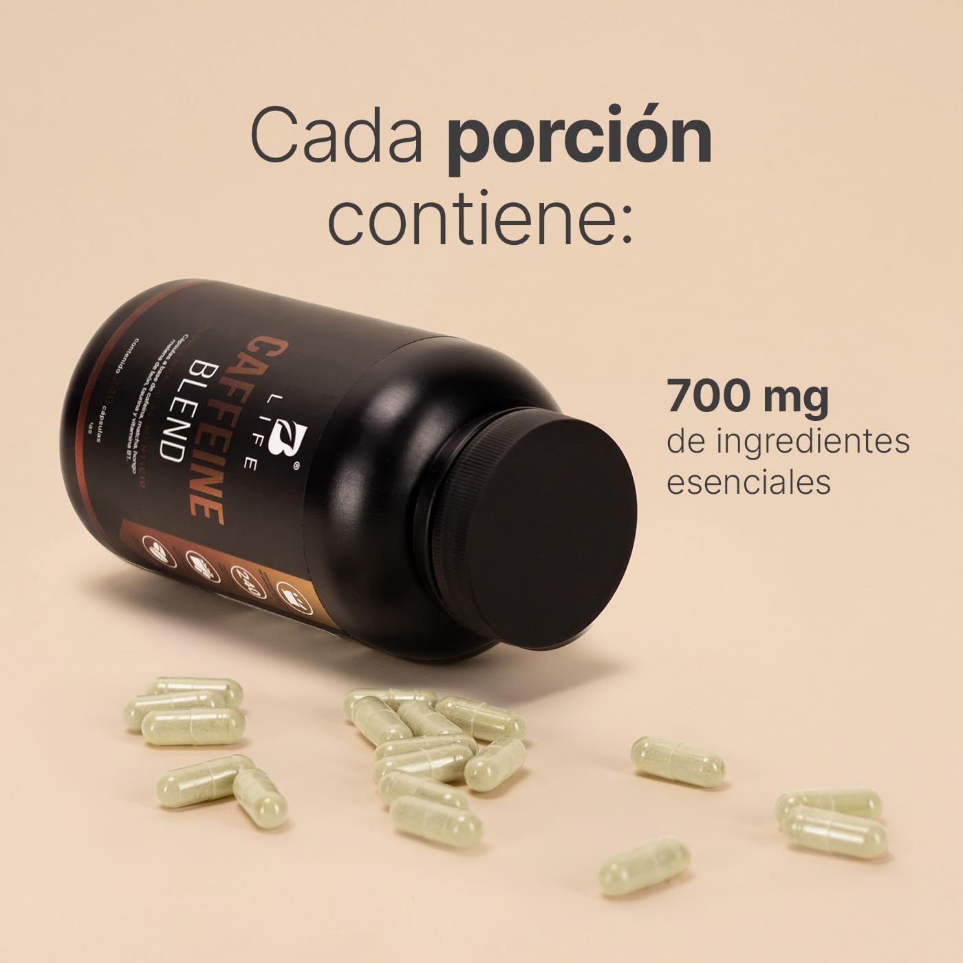 Cafeína Anhidra 240 Cápsulas de 700 mg. Adicionada con Matcha, Melena de León, Taurina y Vitamina B1. Ingredientes Naturales. Caffeine Blend B Life