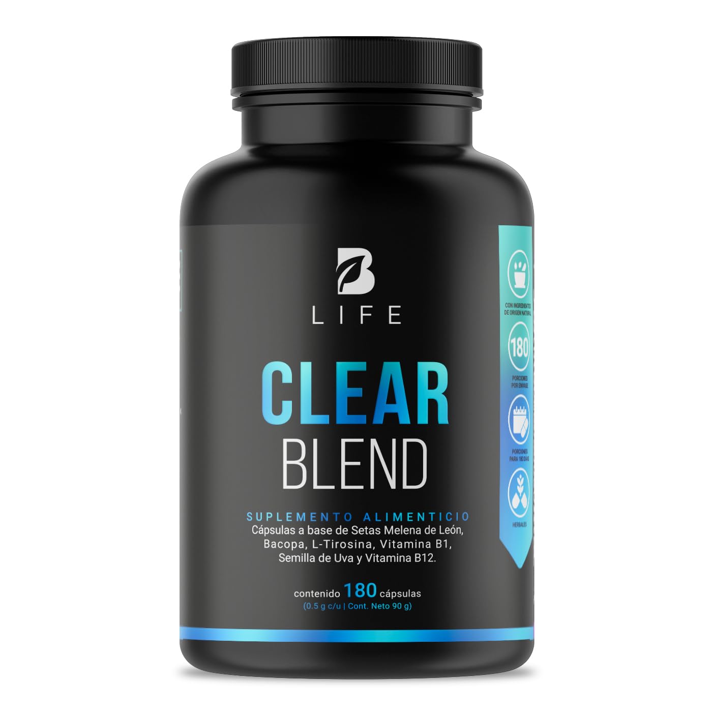 Clear Blend de 180 cápsulas. Nootropico con ingredientes naturales: Hongo Melena de León, Bacopa, L-Tirosina, Vitamina B1, Semilla de Uva Roja y Vitamina B12. Clear Blend B Life.
