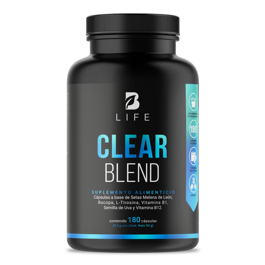 Clear Blend de 180 cápsulas. Nootropico con ingredientes naturales: Hongo Melena de León, Bacopa, L-Tirosina, Vitamina B1, Semilla de Uva Roja y Vitamina B12. Clear Blend B Life.
