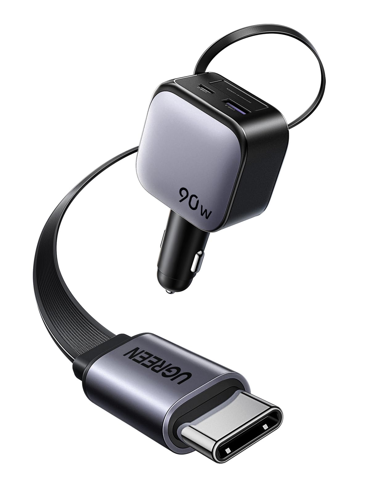 Cargador para Auto UGREEN Negro 3 en 1 Carga Rápida con Cable Retráctil USB C 60W