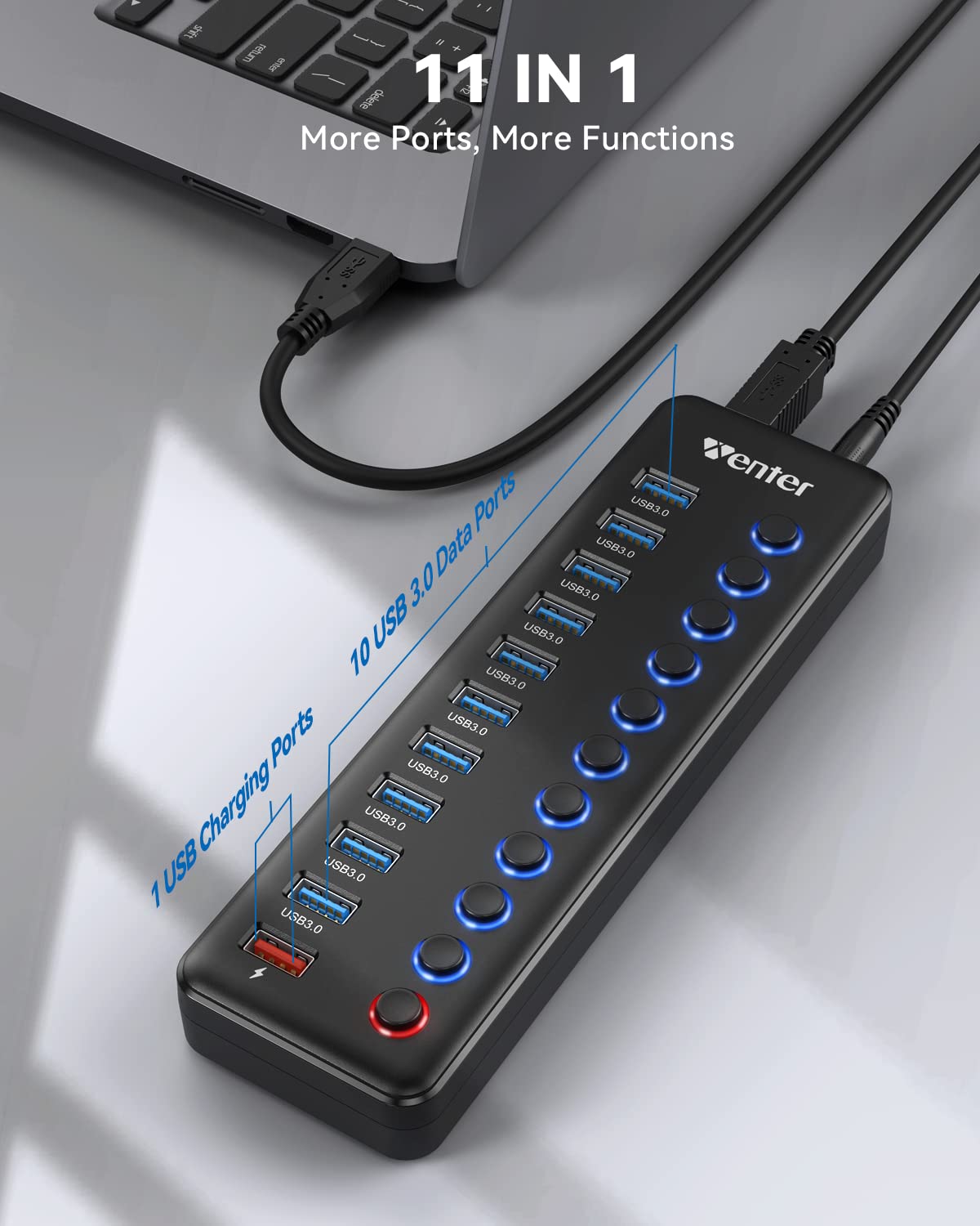 Concentrador USB Wenter Alimentación LED 11 Puertos Transferencia Rápida y Carga Inteligente