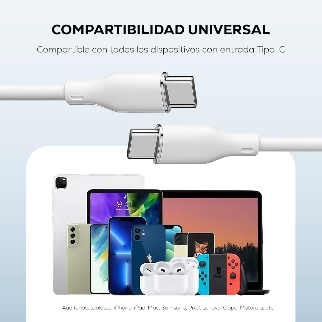 Cable Tipo C MUBITECH Blanco Negro Carga Rápida 65W PD 1 Metro para Dispositivos Tipo C