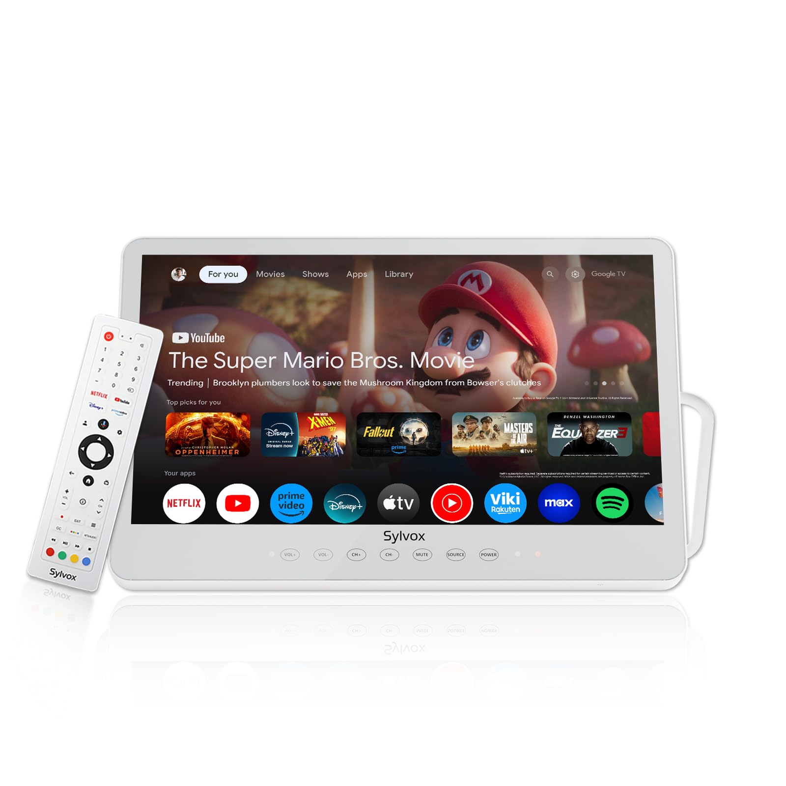SYLVOX TV portátil de 15.6 pulgadas, Smart TV 1080P, batería de 10000mAh (6H), recargable, resistente al agua IP66, soporta aplicaciones y control de voz. Perfecto para RV, cocina, caravana y más