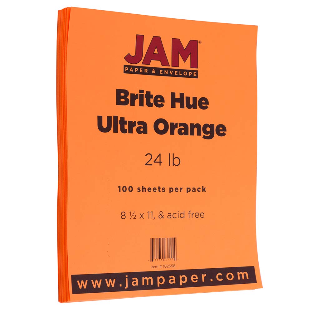 JAM PAPER Papel de color de 25 libras – 90 g/m² – 8,5 x 11 – Ultra naranja – 100 hojas/paquete