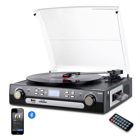 DIGITNOW - Tocadiscos de vinilo LP, con Bluetooth, radio AM y FM, cinta de casete, entrada auxiliar, codificación USB SD y reproducción de MP3 altavoces estéreo integrados, conector para auriculares de 3,5 mm, control remoto y pantalla LCD