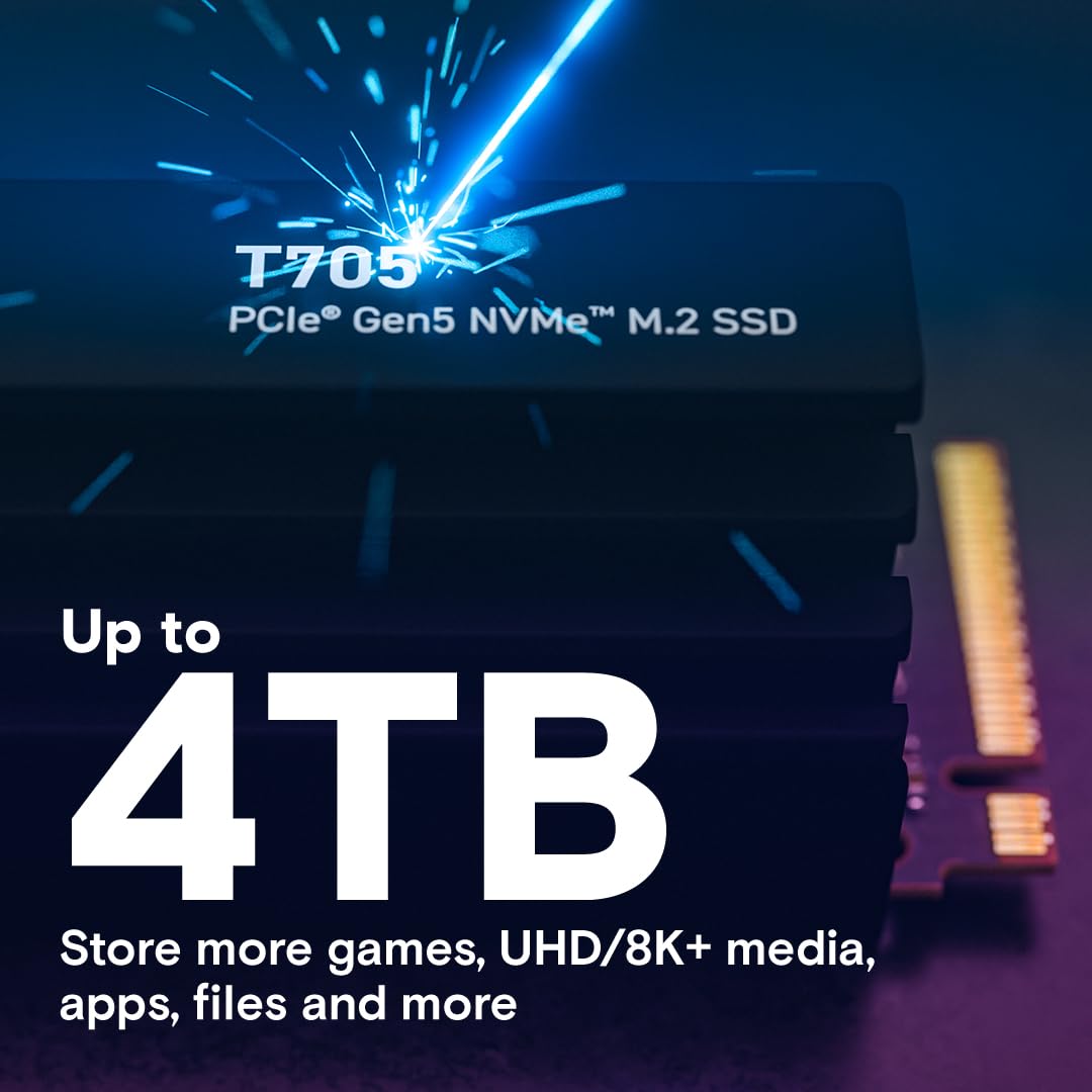 Crucial T705 1TB PCIe Gen5 NVMe M.2 SSD con disipador térmico - hasta 13.600 MB/s - Listo para Juegos - Unidad Interna de Estado sólido (PC) - +1mo Adobe CC - CT1000T705SSD5
