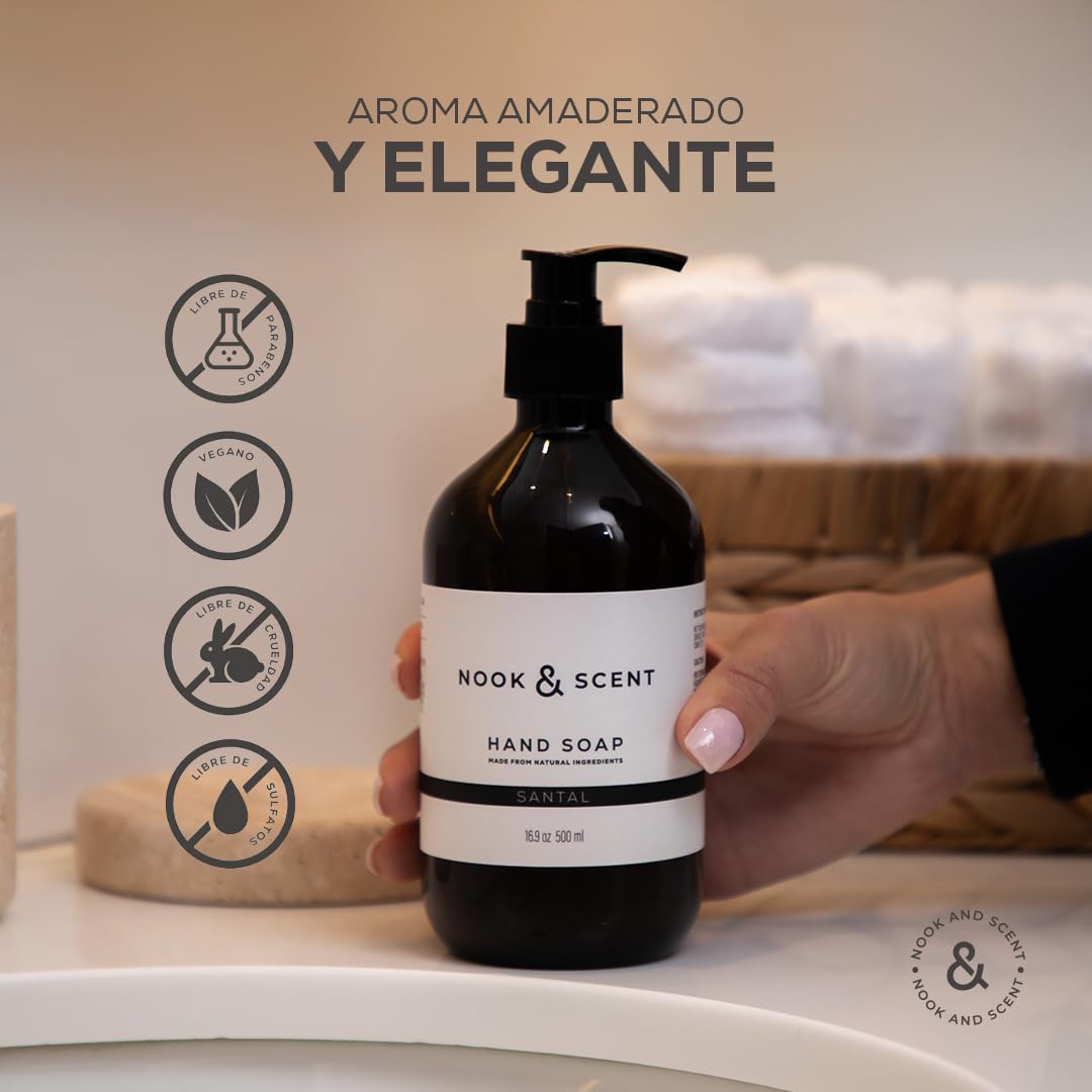 Jabón Líquido para Manos | 500 ml | Limpieza y Frescura | Libre de Sulfatos y Parabenos, Vegano, Aceites Esenciales, Aroma Energizante de Limón y Naranja | Nook & Scent (Santal)