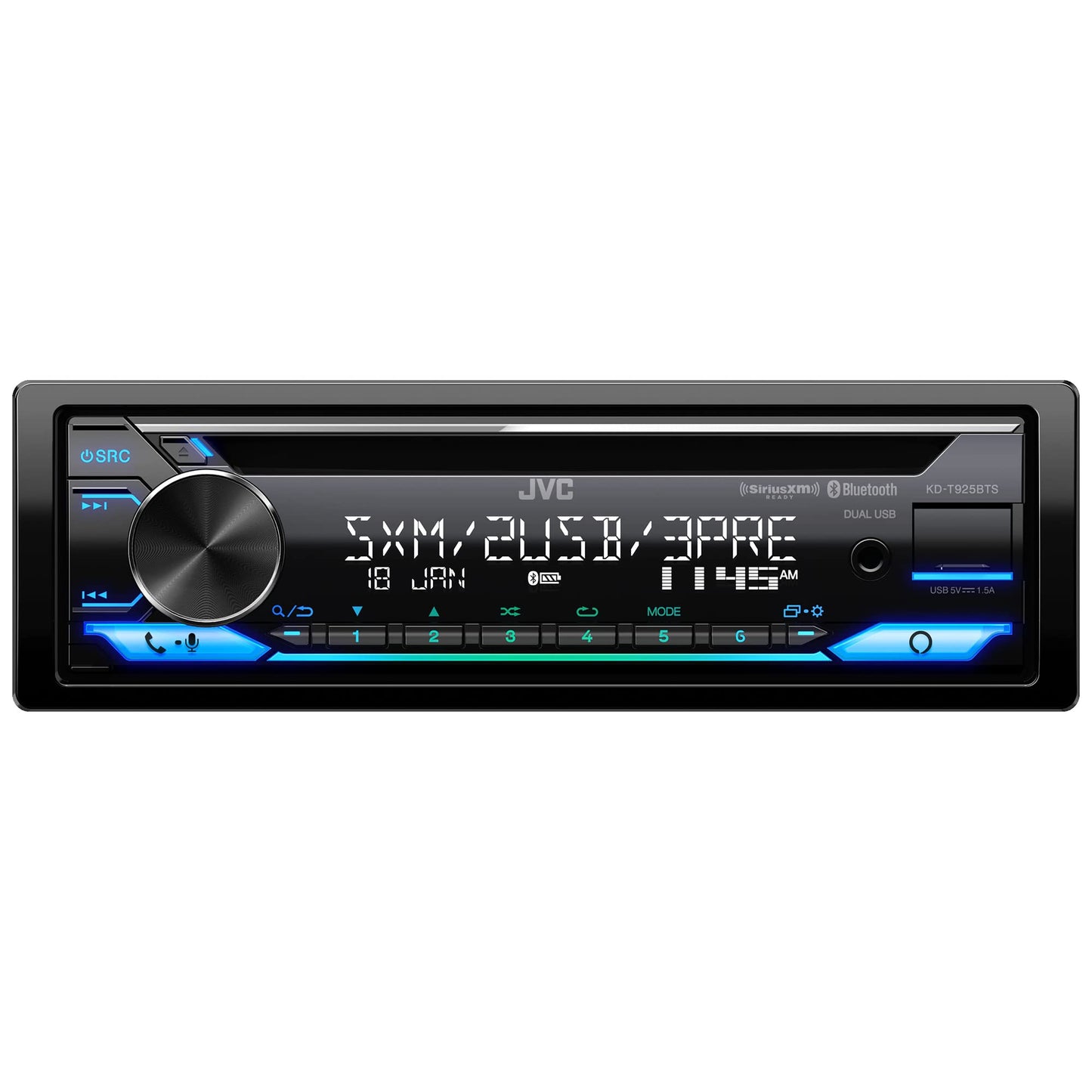 JVC KD-T925BTS Receptor estéreo Bluetooth para automóvil con puerto USB, pantalla LCD - Radio AM/FM - Reproductor MP3 - Doble DIN, ecualizador de 13 bandas (Negro)