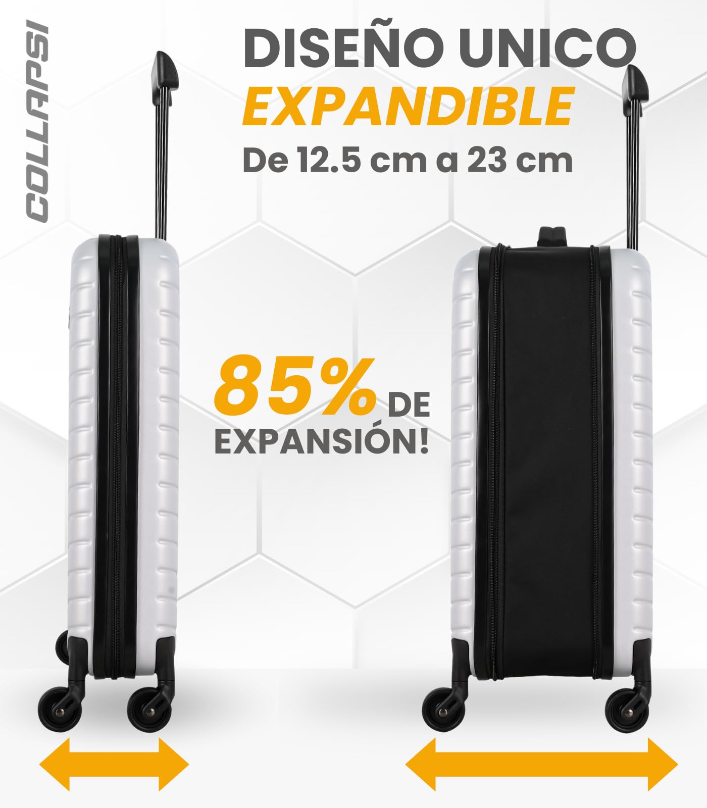 COLLAPSI Maleta de Viaje 20" Carry On Expandible, Equipaje de Mano 10 Kg con seguridad TSA Lock, Color Plata, Luggage.