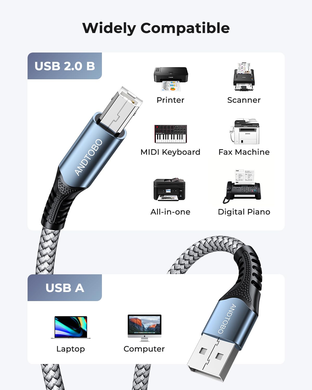 Cable Impresora USB(2M), USB 2.0 Tipo A a Tipo B cable, Cable USB a B de Nylon para Connectar Impresora HP/Canon/Epson/Brother/Dell/Lexmark/Xerox/Escáner Disco Duro