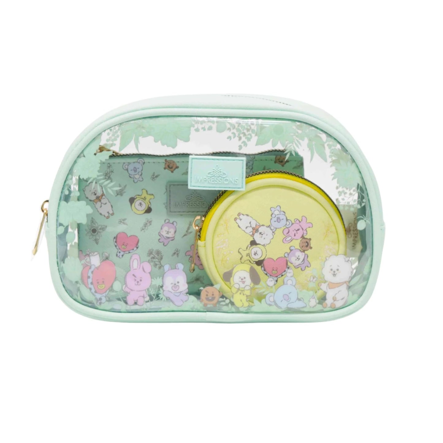 Impressions Vanity BT21 3-PC. Juego de bolsas de maquillaje con bolsas grandes, medianas y pequeñas, organización de maquillaje con bolsillo interior deslizante, material de PVC transparente, bolsa de