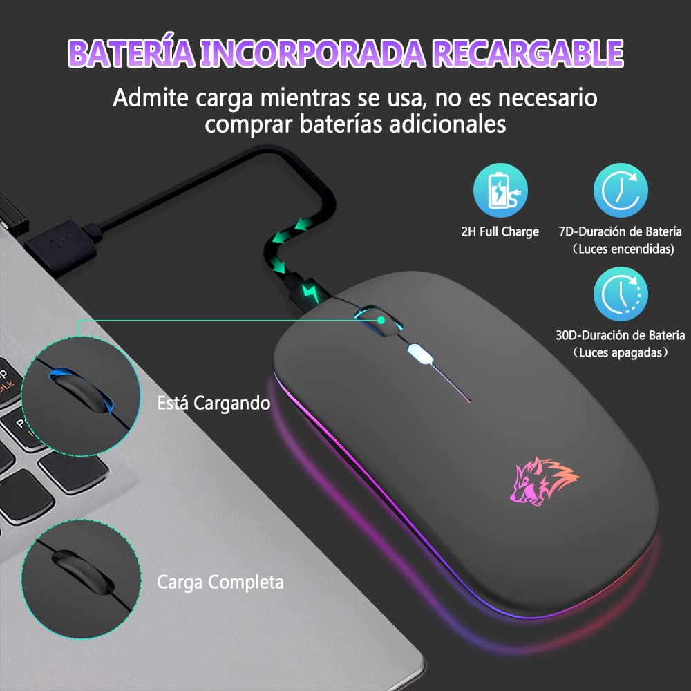 Free wolf X15 Mouse Inalámbrico, Mouse Bluetooth y 2.4GHz Modos Dual Recargable y Ergonómico, Mouse con Luz, con Receptor USB 3 Ajustable dpi Ratón para Computadora, Portátil, PC, Mac (Negro Mate)
