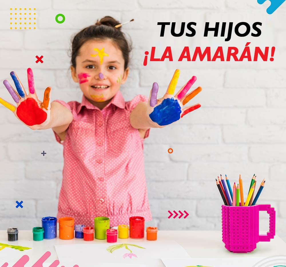 John & John Taza armable de diseño Divertido para Ladrillos, Incluye un muñeco y 2 Sets de Bloques de construcción para Jugar (10 Colores) - Rosa Fucsia