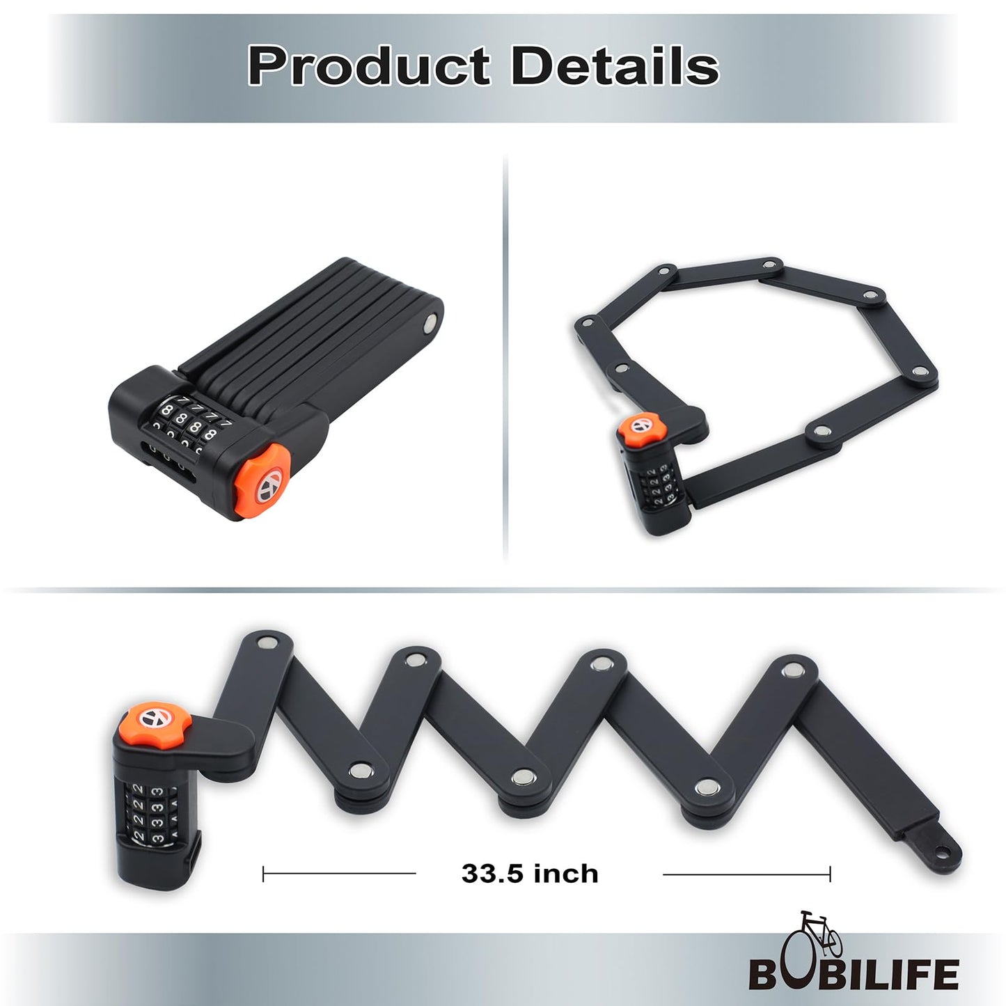 Candado plegable para bicicleta con soporte de montaje, combinación de 4 dígitos antirrobo, resistente aleación de acero antiarañazos, bloqueo de cadena plegable impermeable antioxidante para
