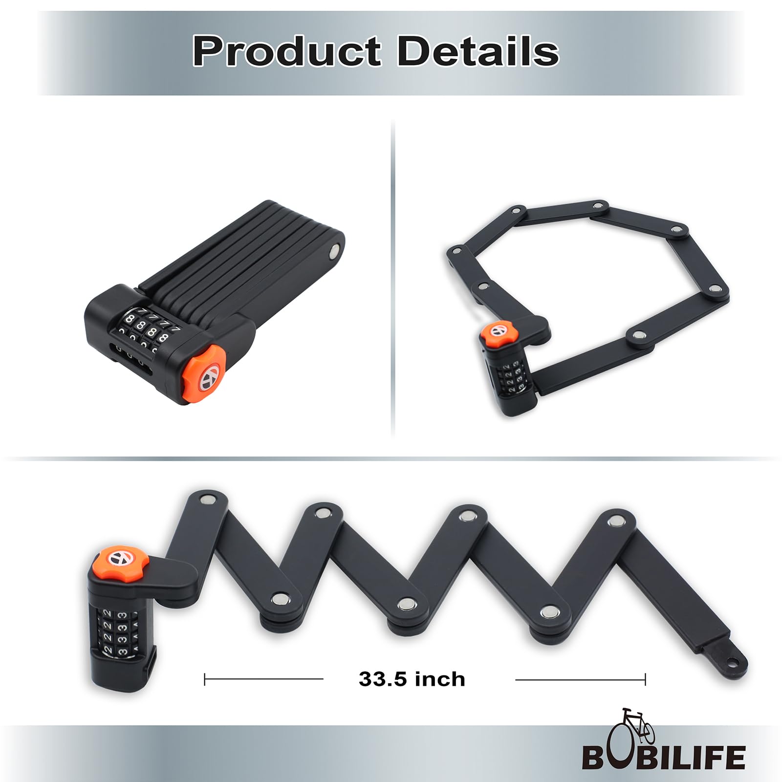 Candado plegable para bicicleta con soporte de montaje, combinación de 4 dígitos antirrobo, resistente aleación de acero antiarañazos, bloqueo de cadena plegable impermeable antioxidante para