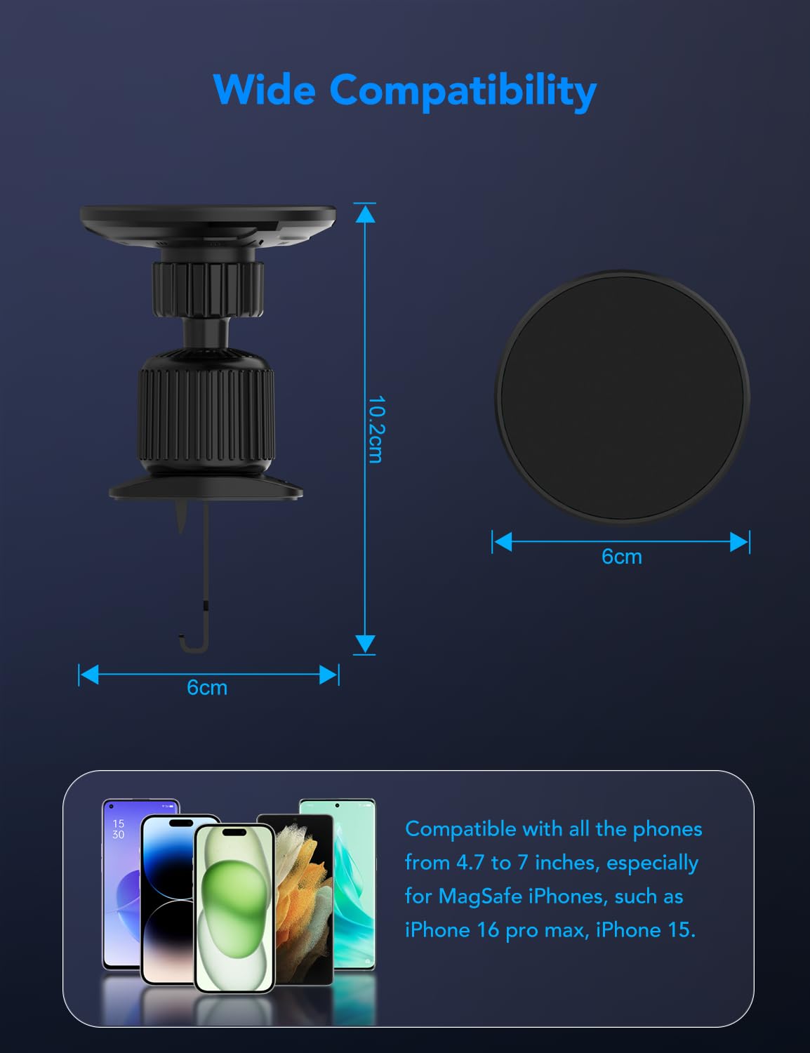 ANUEVE Soporte para Celular Automovil MagSafe, Porta Celular para Auto con Gancho Metálico para Ventilación, Imán Más Potente para Estabilidad, Compatible con iPhone 16 15 14 13 Pro MAX