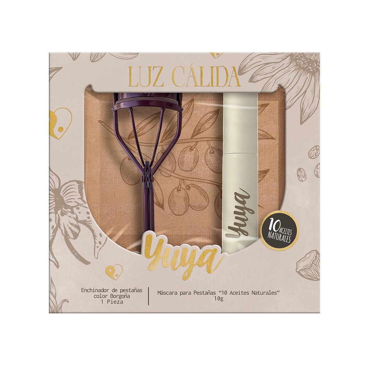 YUYA Luz Cálida - Set Enchinador de Pestañas Borgoña + Máscara 10 Aceites Naturales 10 g | Pestañas Largas, Curvatura Natural, Volumen y Definición | Cepillo de Silicón, Rizado Uniforme, Larga Duración y Acabado Profesional