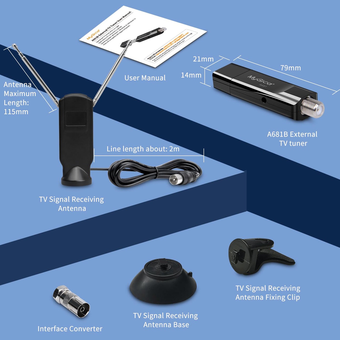 Mygica A681B - Antena de tarjeta sintonizadora de TV USB analógica, ATSC HD, digital, externa, HDTV, adaptador de dongle para ventana, Linux, para computadora, portátil, Android TV Box, navegación de