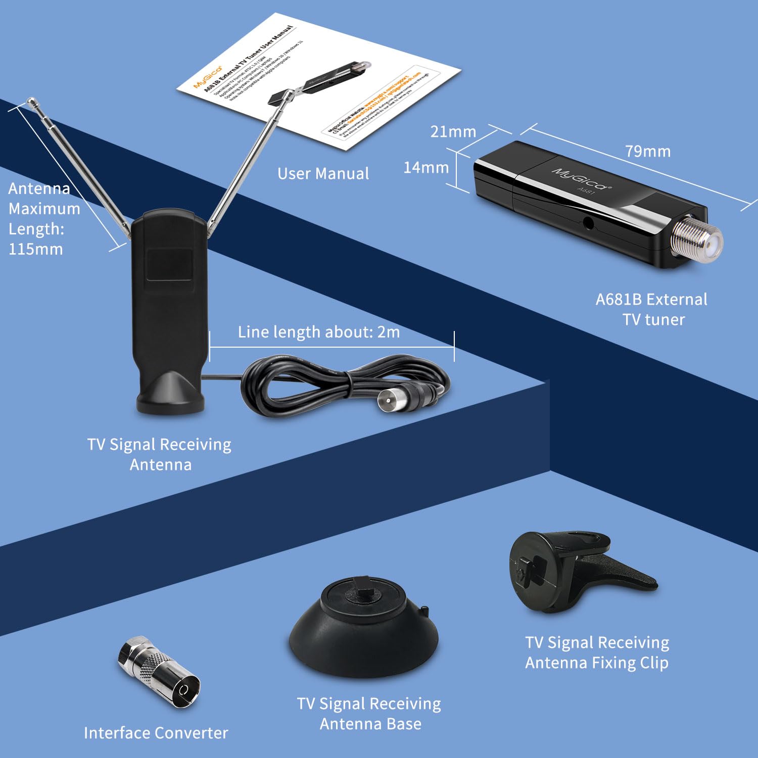 Mygica A681B - Antena de tarjeta sintonizadora de TV USB analógica, ATSC HD, digital, externa, HDTV, adaptador de dongle para ventana, Linux, para computadora, portátil, Android TV Box, navegación de