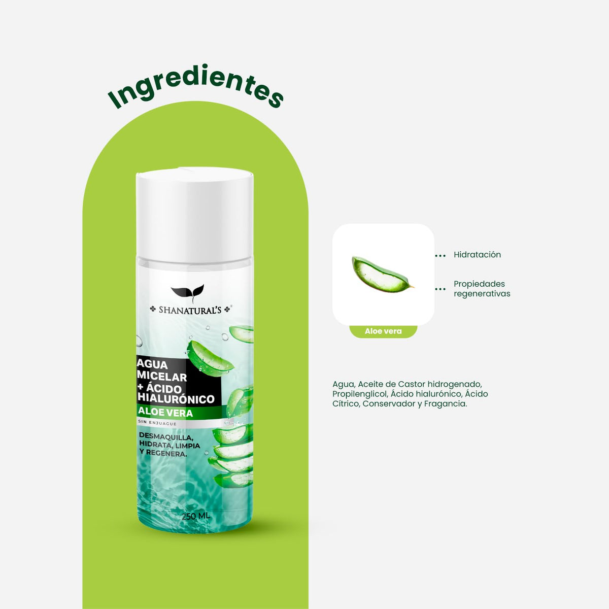 Agua Micelar con Ácido Hialurónico y Aloe Vera, 250 mL