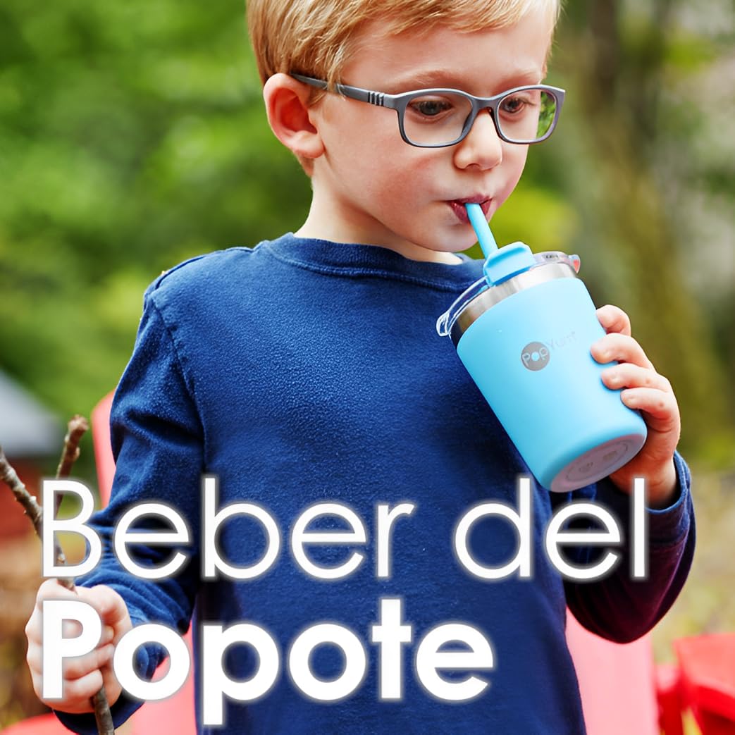 PopYum Vasos Térmicos de Acero Inoxidable de 9 onzas con tapa y popote, Paquete de 2, anti derrame, apilables, para bebés y niños pequeños, de triple pared y sin BPA. Naranja y Azul.