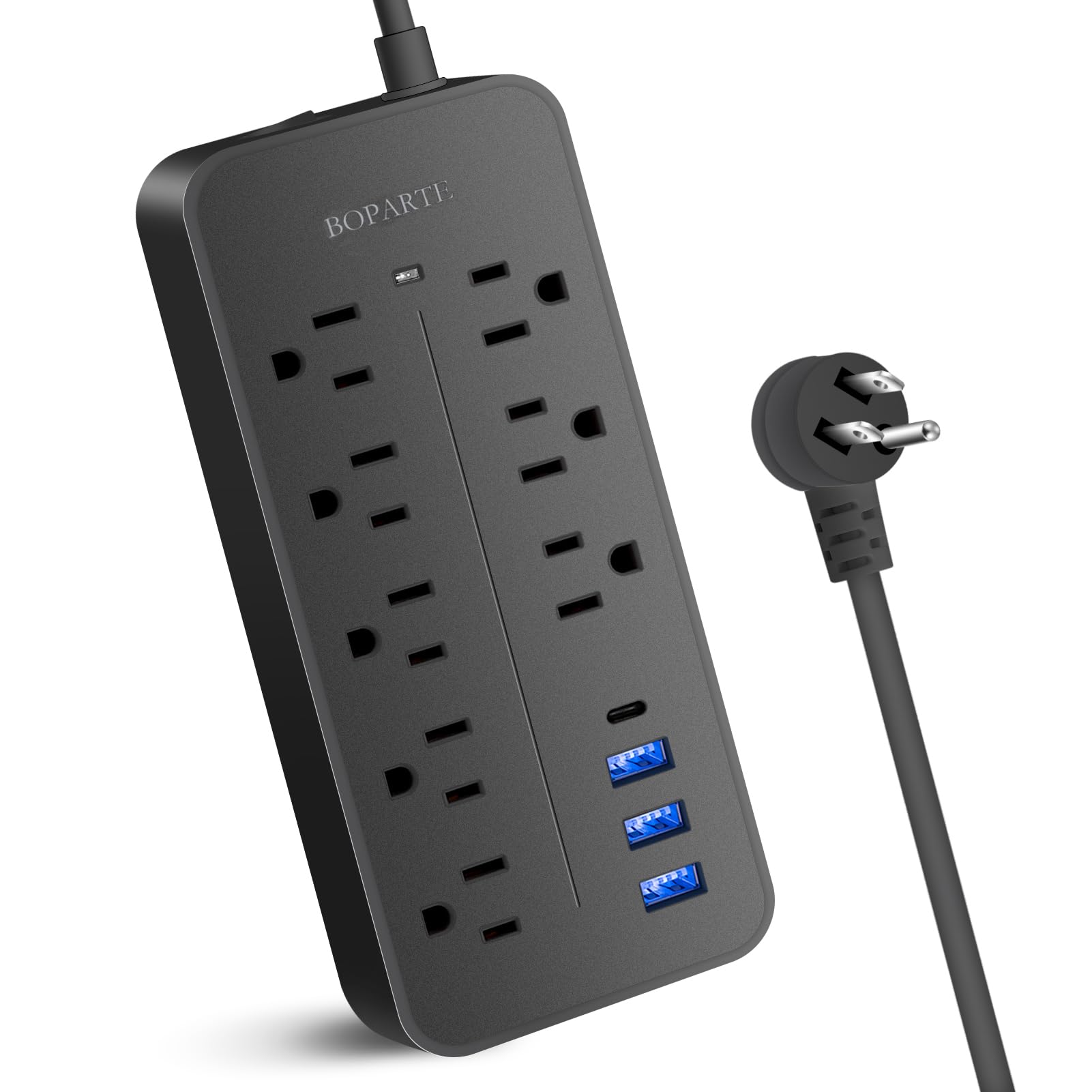 BOPARTE USB Multicontacto, Regleta de 1,2 m, 8 Salidas, 3 Puertos de Carga USB, (5 V / 2 A), 1 Puerto USB-C, Conector múltiple, Regleta para el hogar, Oficina, Dormitorio, Negro