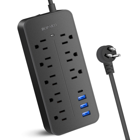 BOPARTE USB Multicontacto, Regleta de 1,2 m, 8 Salidas, 3 Puertos de Carga USB, (5 V / 2 A), 1 Puerto USB-C, Conector múltiple, Regleta para el hogar, Oficina, Dormitorio, Negro