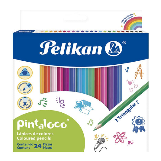 Lápices de Colores Triangulares Pintaloco. Incluye 24 Piezas. Marca Pelikan. Ideal para niños y jóvenes artistas