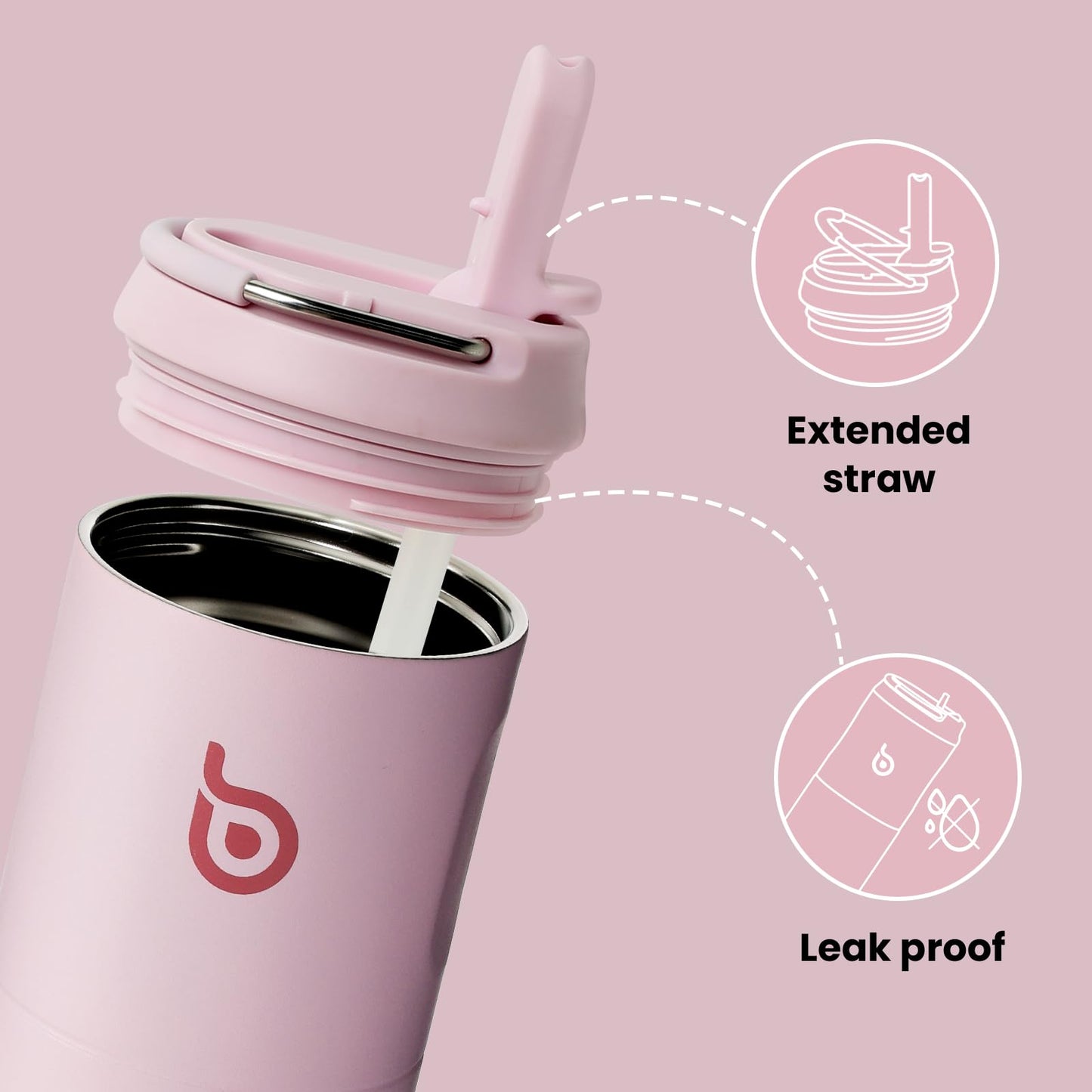BOTTLE BOTTLE Botella de Agua Aislada de 24oz(700ml) con Popote Tapa y Asa para Deportes, Viajes, Botellas de Acero Inoxidable de Doble Pared, sin BPA(Rosa Claro)