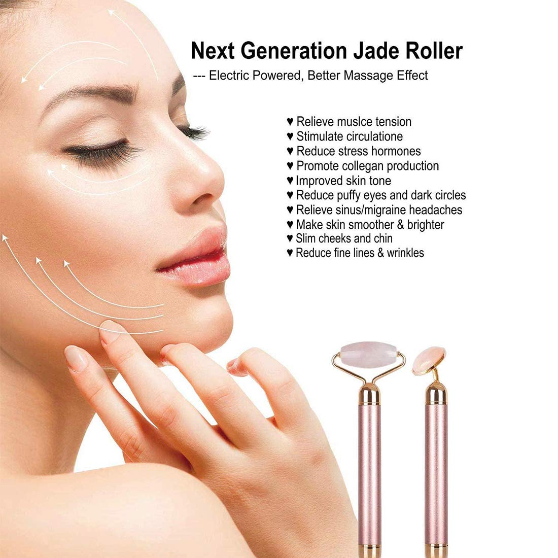 Rodillo de jade eléctrico y masajeador facial, masajeador facial de cuarzo rosa, rodillo facial para mejillas, adelgazante 2 en 1, herramientas de cuidado de la piel, levantamiento facial, antienvejecimiento, apriete de la piel
