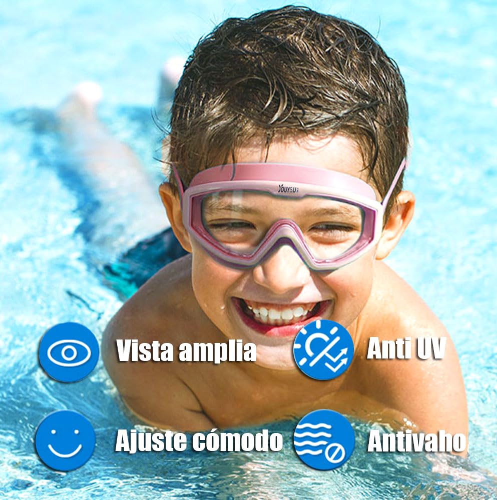 MARIA D - Goggles de Natacion,Gafas de Gorro de Natacion para Ninos,Patrón de Tiburón Amarillo Azul,Kit de Natación 3 en 1 Equipo Silicona, Antivaho, Resistentes a Los Rayos UV, Visión Amplia y Clara