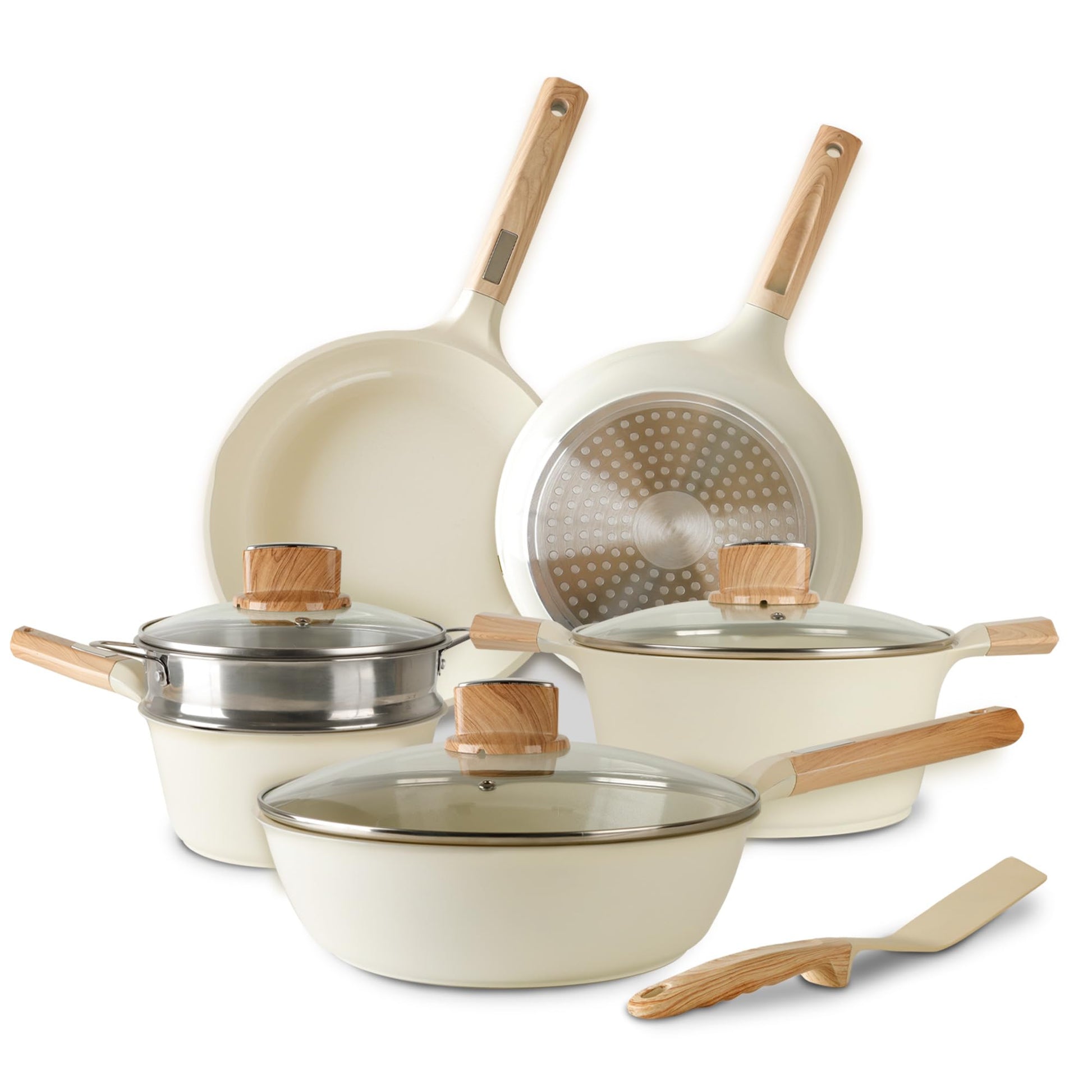 CASA LITUS Batería de Cocina con Cubierta de Cerámica Antiadherente (10 Piezas), Incluye 3 Sartenes, Olla, Cacerola, Vaporera, Tapas y Espátula, para Estufa de Fuego e Inducción, Libre de PFOAs y BPA