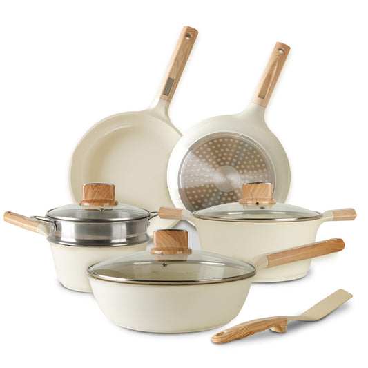 CASA LITUS Batería de Cocina con Cubierta de Cerámica Antiadherente (10 Piezas), Incluye 3 Sartenes, Olla, Cacerola, Vaporera, Tapas y Espátula, para Estufa de Fuego e Inducción, Libre de PFOAs y BPA